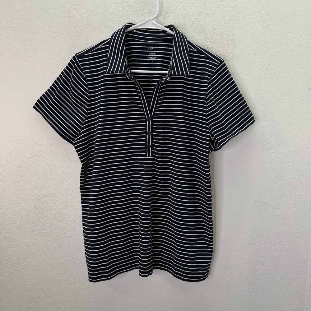 J Jill Fit Progress Knit Polo Sz L Blue White Pima Cotton Blend Stretch Preppy